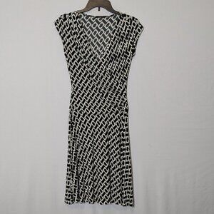 SOPRANO Black/White Print, Knee Length Jersey Faux Wrap Dress; Size S